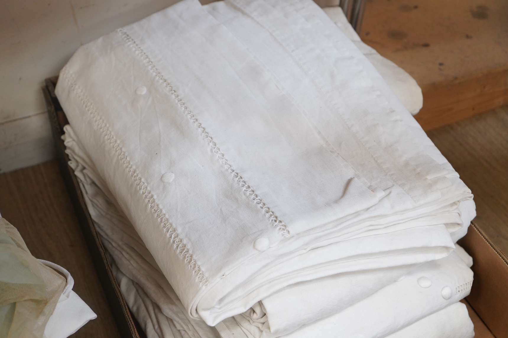 Six French provincial, coarse linen, spot motif embroidered and drawn thread work top sheets